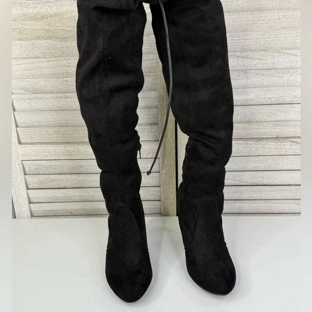 WILD DIVA (Lounge) Amaya Over the Knee Faux Suede Clear Heel Boots Black-8
